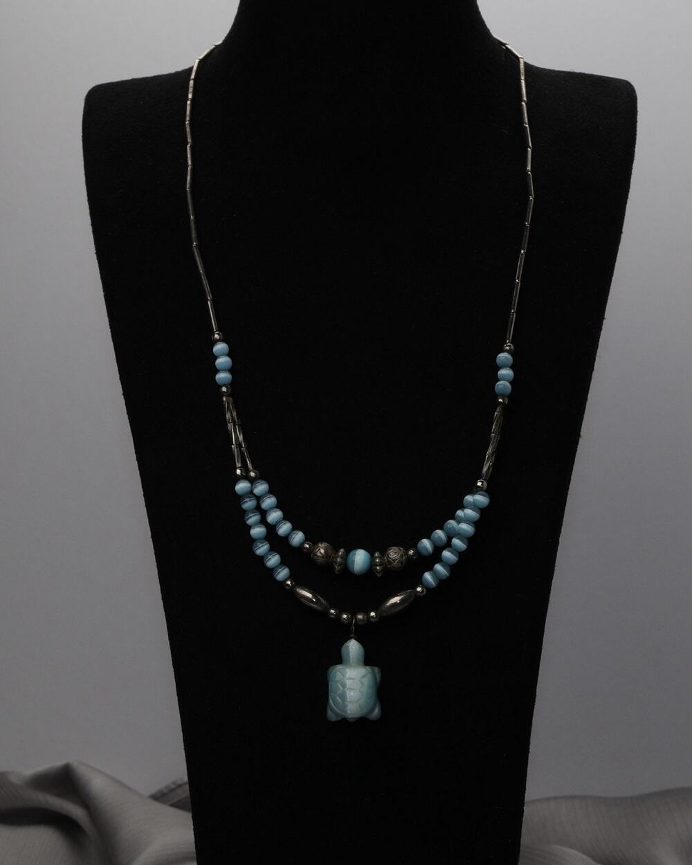 Vintage Sterling Double Strand Turquoise Turtle Necklace 13.3G / 20in